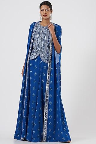 cobalt blue embroidered cape set