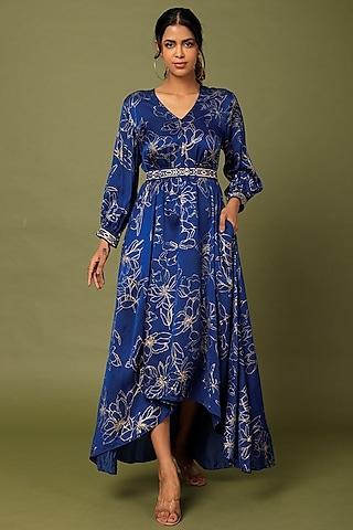 cobalt blue embroidered dress with belt