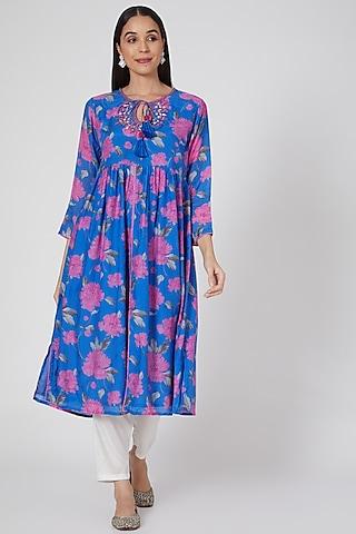 cobalt blue embroidered floral front open tunic