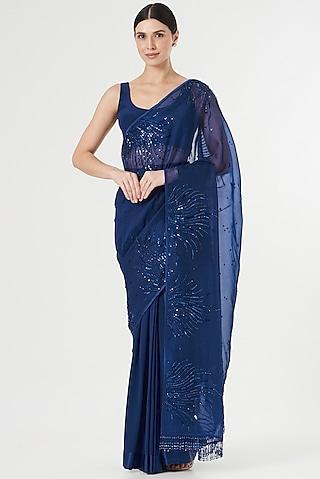 cobalt blue embroidered pre-draped saree set