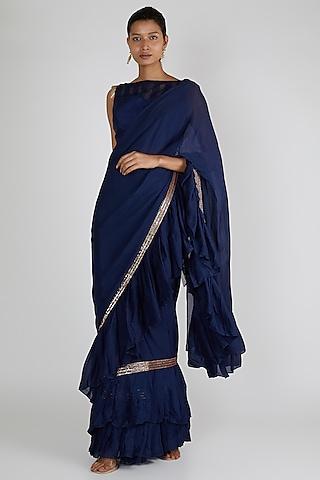 cobalt blue embroidered ruffled saree set