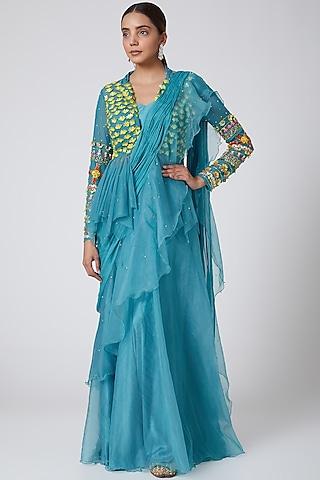 cobalt blue embroidered saree set