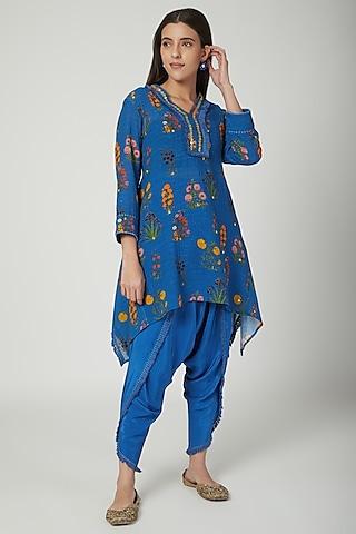 cobalt blue embroidered tunic with dhoti