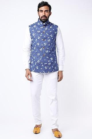 cobalt blue floral printed bundi jacket