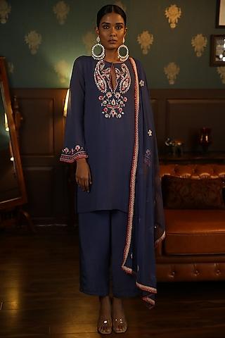 cobalt blue georgette hand embroidered straight kurta set