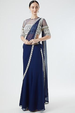 cobalt blue georgette pre-stitched saree set