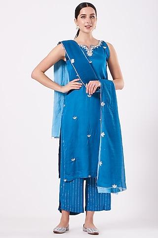 cobalt blue hand embroidered kurta set