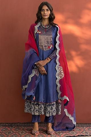 cobalt blue hand embroidered kurta set