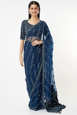 cobalt blue hand embroidered saree set