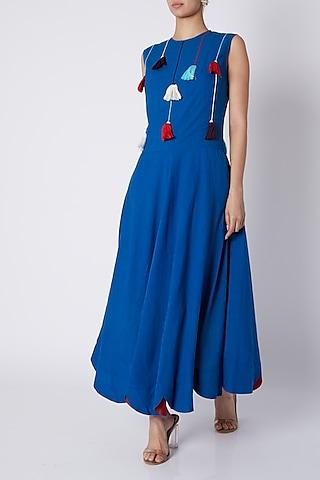cobalt blue maxi dress with tassels
