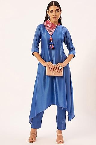 cobalt blue modal satin embroidered asymmetrical kurta set