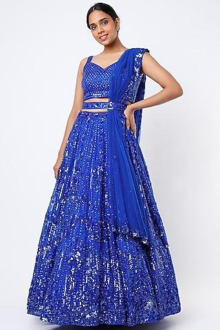 cobalt blue organza embroidered lehenga set