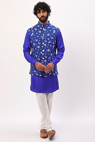 cobalt blue printed bundi jacket with kurta set for boys