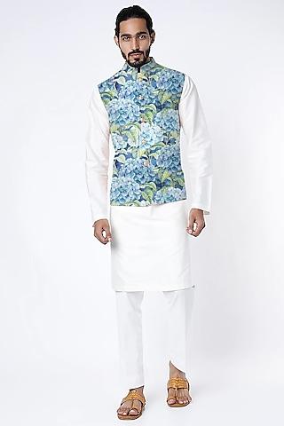 cobalt blue printed nehru jacket