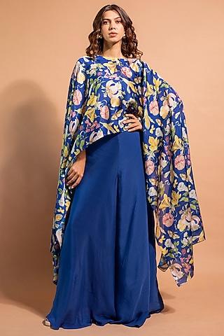 cobalt blue pure satin organza & crepe floral printed poncho set