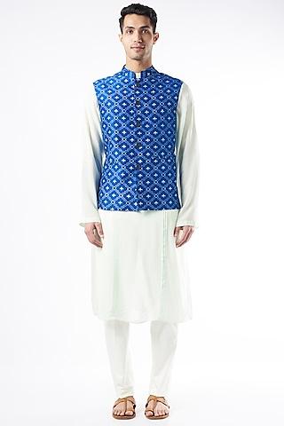 cobalt blue raw silk nehru jacket