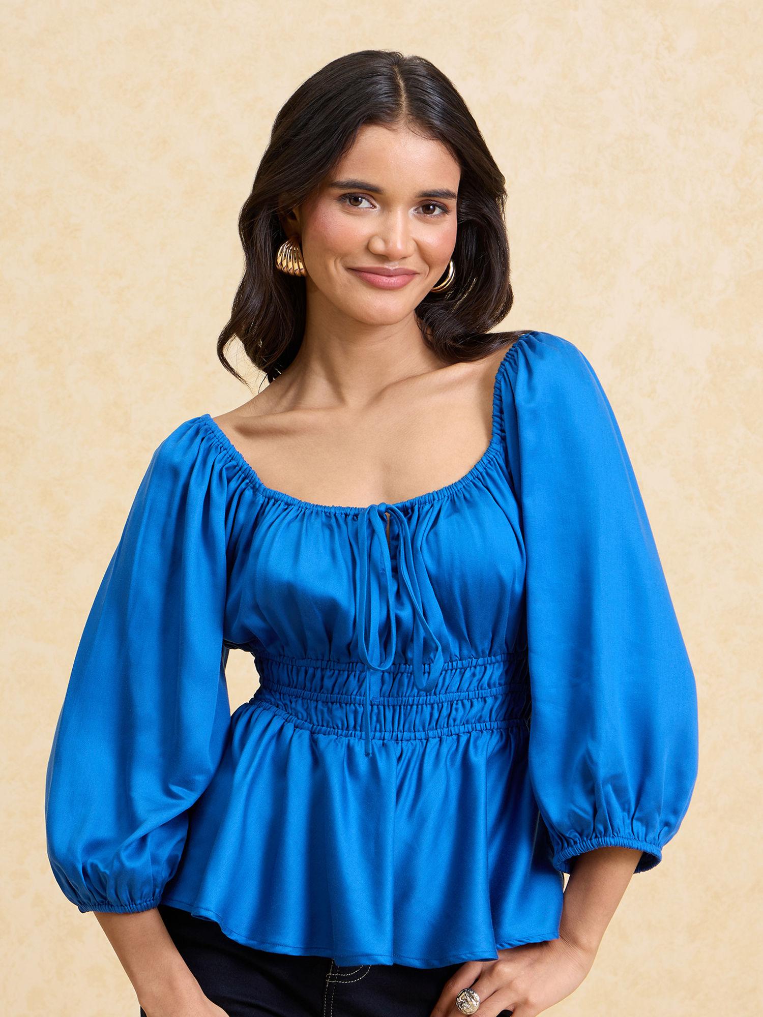 cobalt blue round neck puff sleeves peplum top