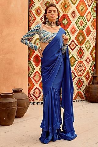 cobalt blue silk blend draped saree set