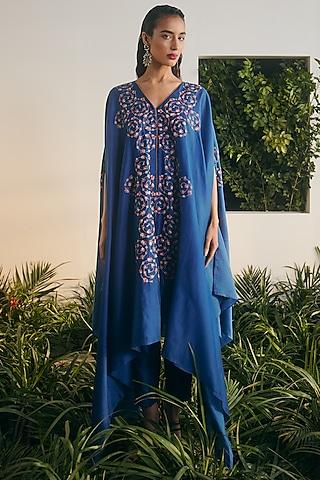 cobalt blue silk chanderi embroidered cape set