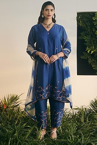 cobalt blue silk chanderi embroidered kurta set