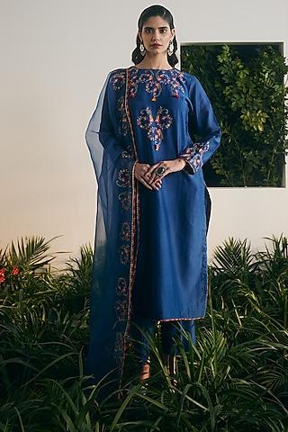 cobalt blue silk chanderi embroidered straight kurta set