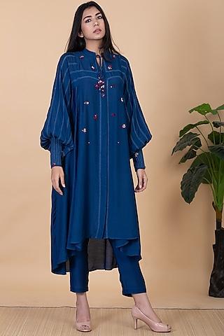 cobalt blue silk embroidered tunic set