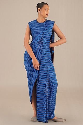 cobalt blue silk printed pre-draped saree