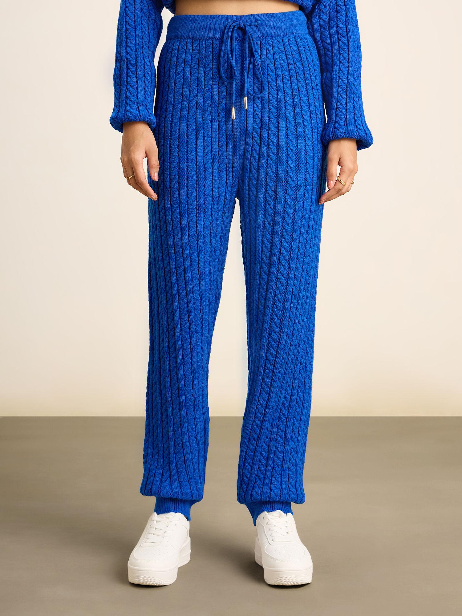 cobalt blue solid ankle length jogger sweater pants