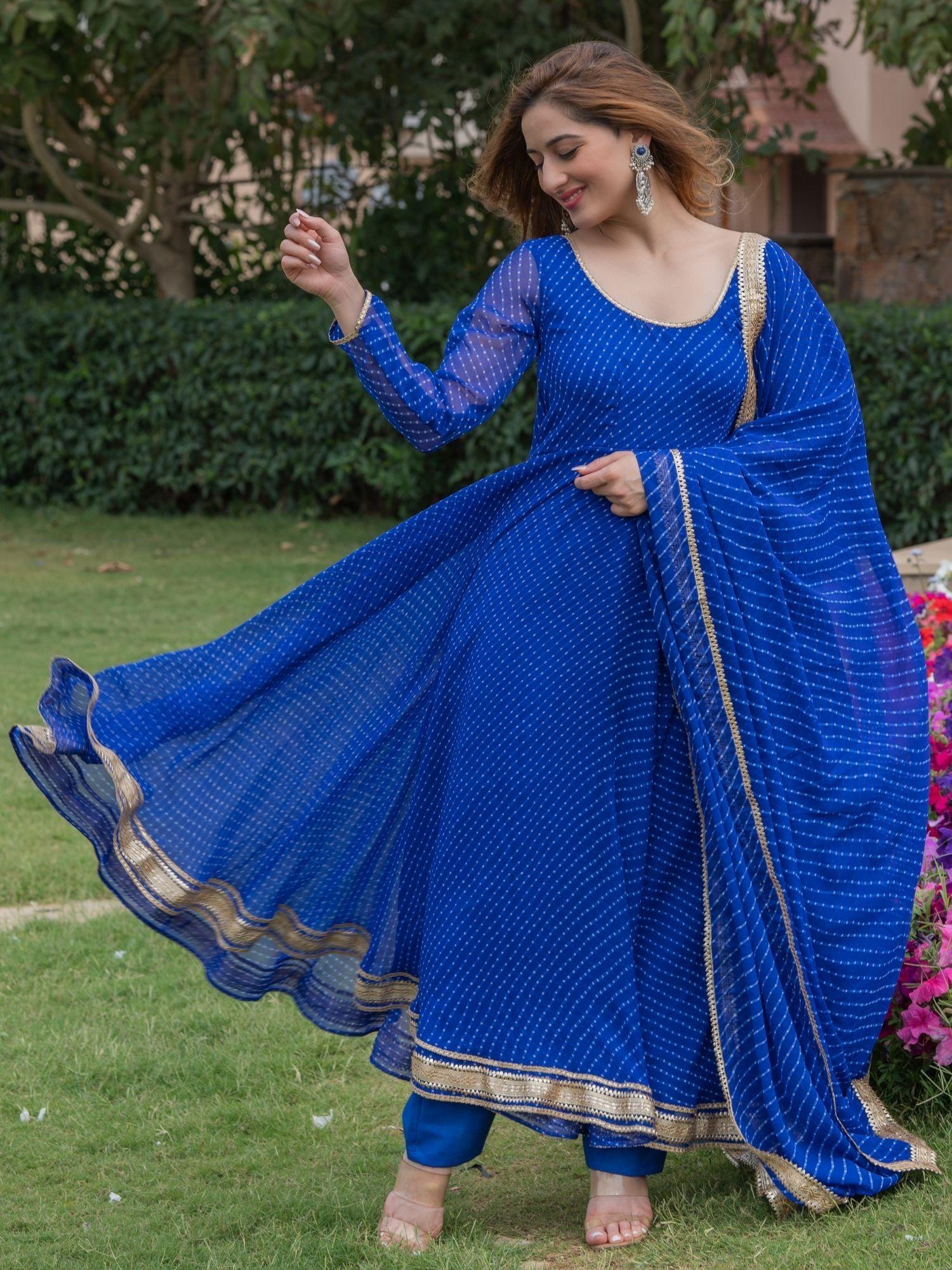 cobalt blue stripes anarkali kurta (set of 3)