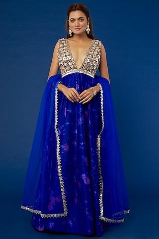 cobalt blue tie-dyed & embroidered anarkali set