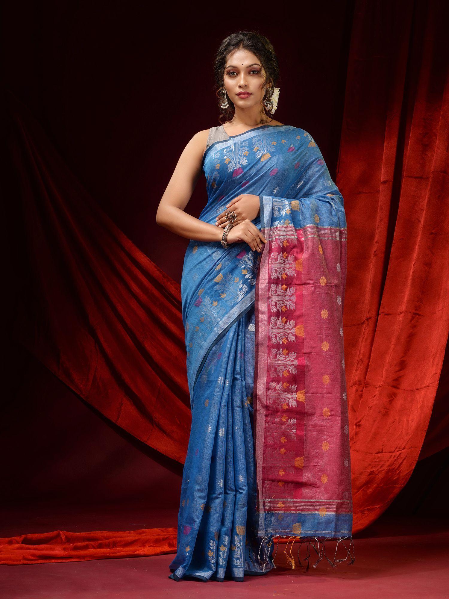 cobalt blue tissue floral zari motifs and contrast pallu saree with unstitched blouse