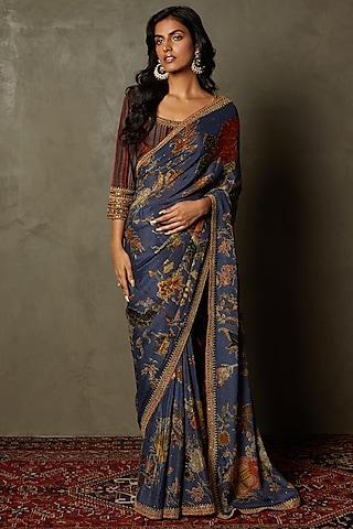 cobalt blue viscose chinon embroidered saree set