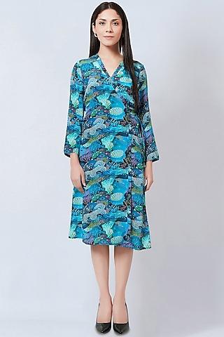 cobalt blue viscose crepe printed wrap dress