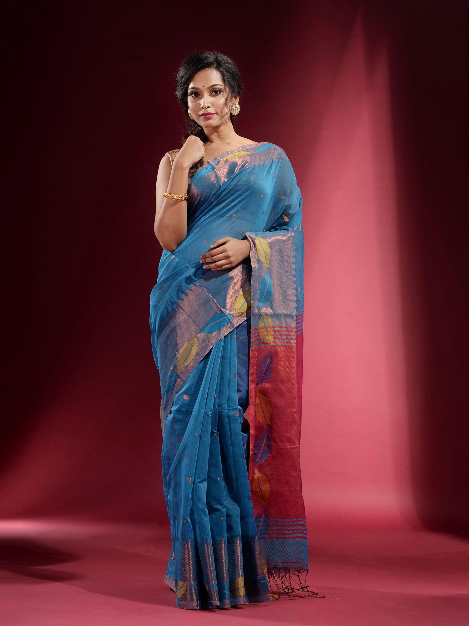 cobalt blue with foliage motif and zari temple border saree with unstitched blouse