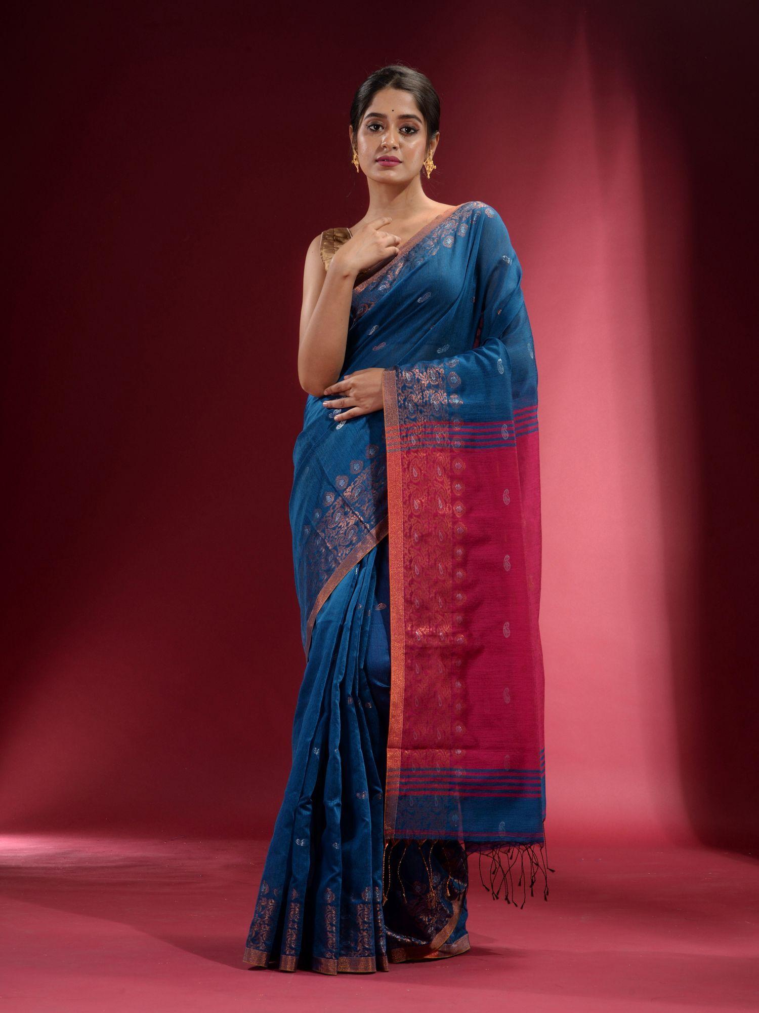 cobalt blue with zari paisley pattern saree with unstitched blouse