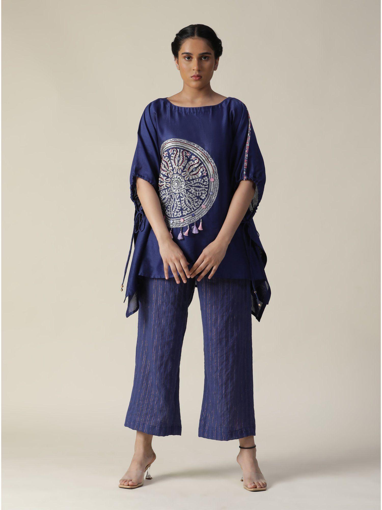 cobalt navy blue embroidered short kaftan (set of 2)