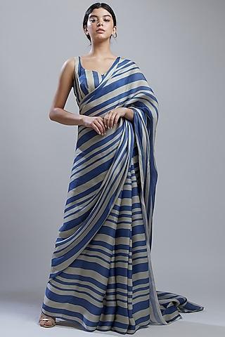 cobalt silk blue & white printed saree set