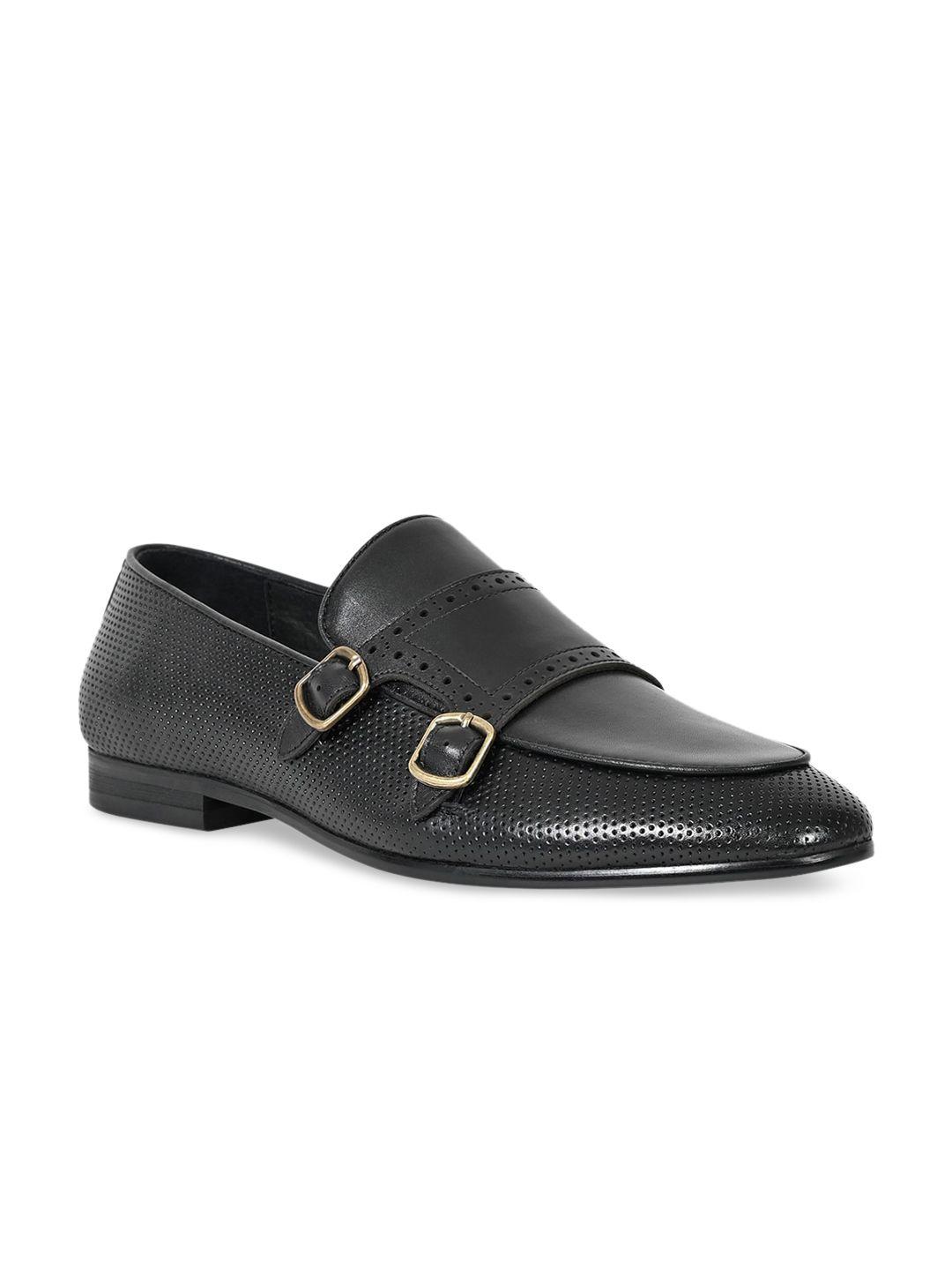 cobblerz men black solid leather formal monk shoes