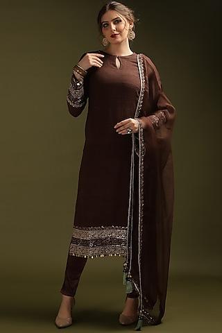 coca brown silk embroidered kurta set