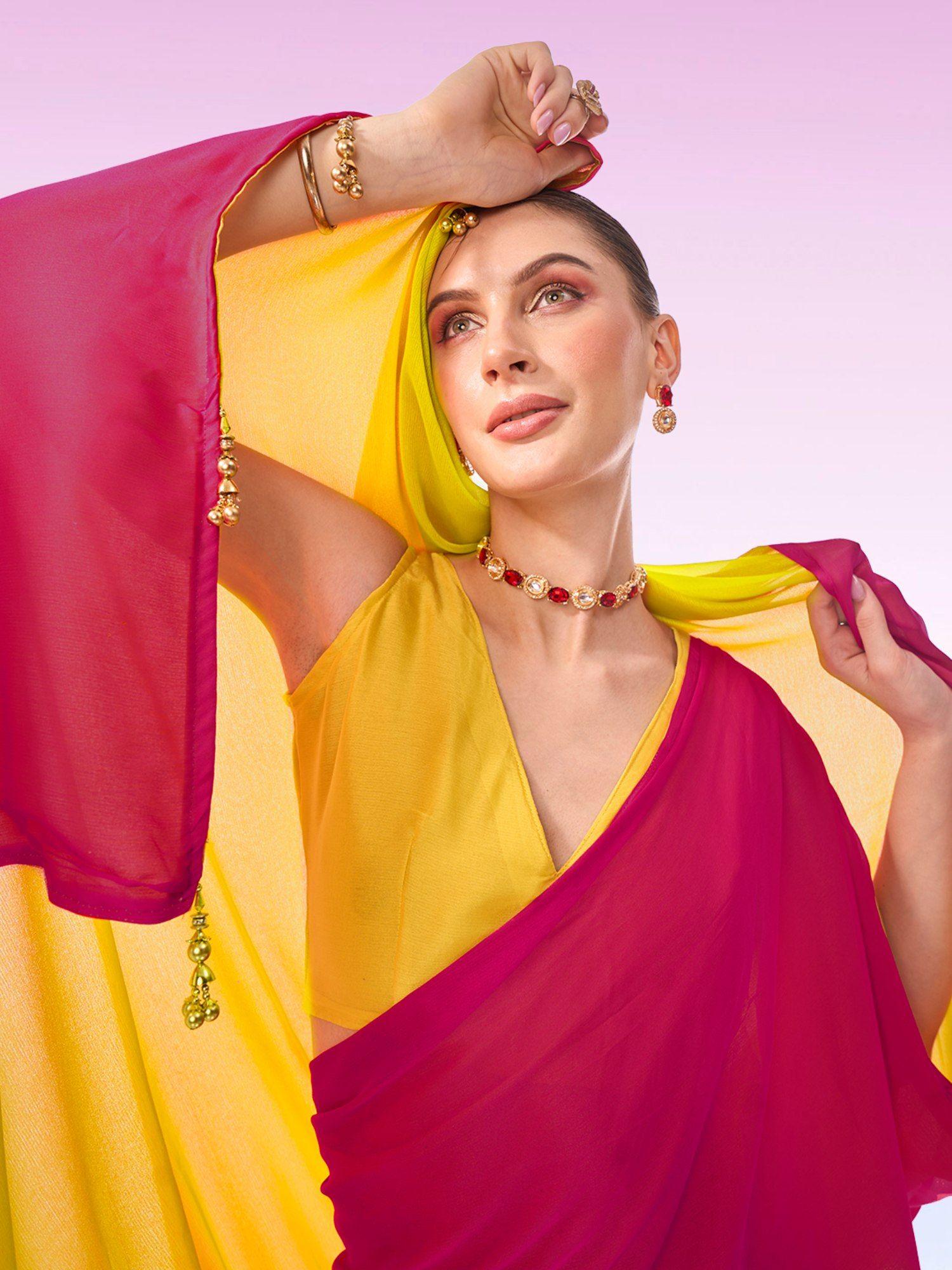 cocktail lightweight color block with tassels georgette pink & yellow saree & blouse pc.