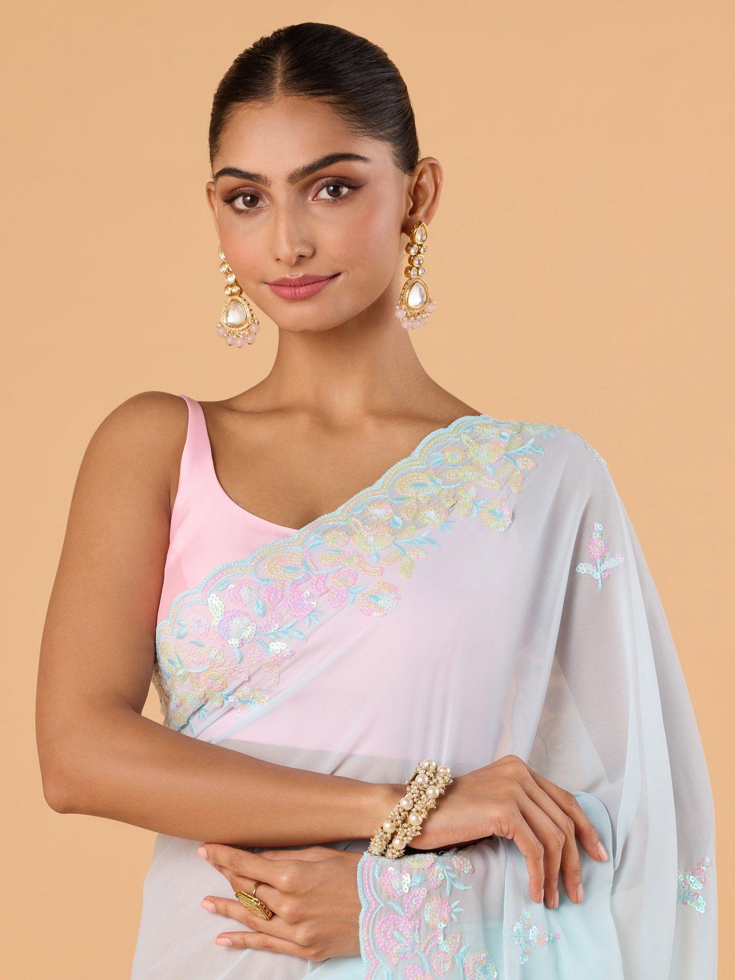 cocktail sequined and scallop floral border georgette light blue saree and unstitched blouse