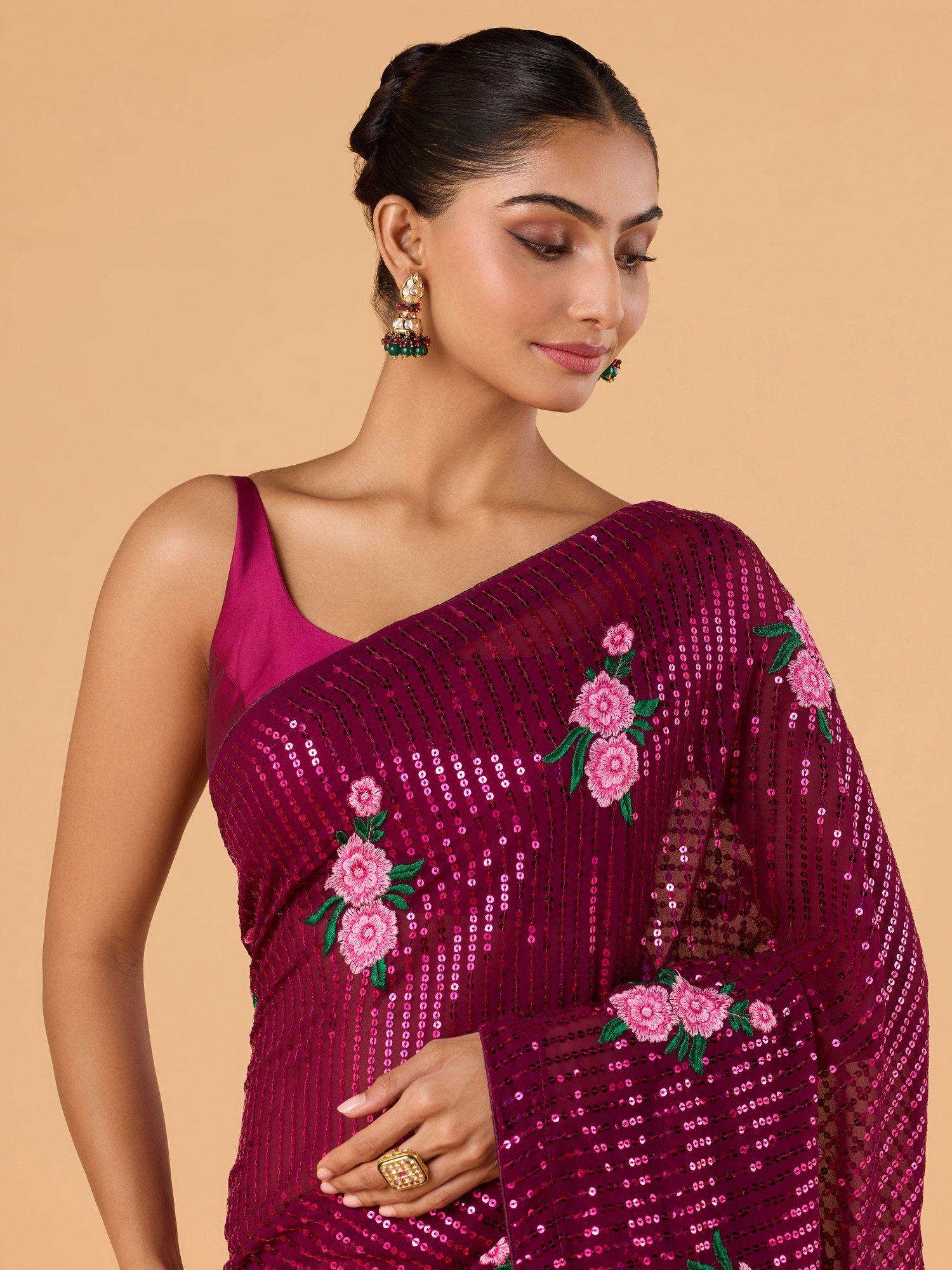 cocktail sequined floral contrast wine and pink georgette saree and unstitched blouse