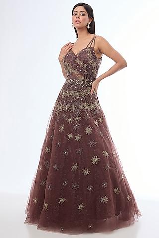 coco brown net cutdana & sequins embellished net gown with belt