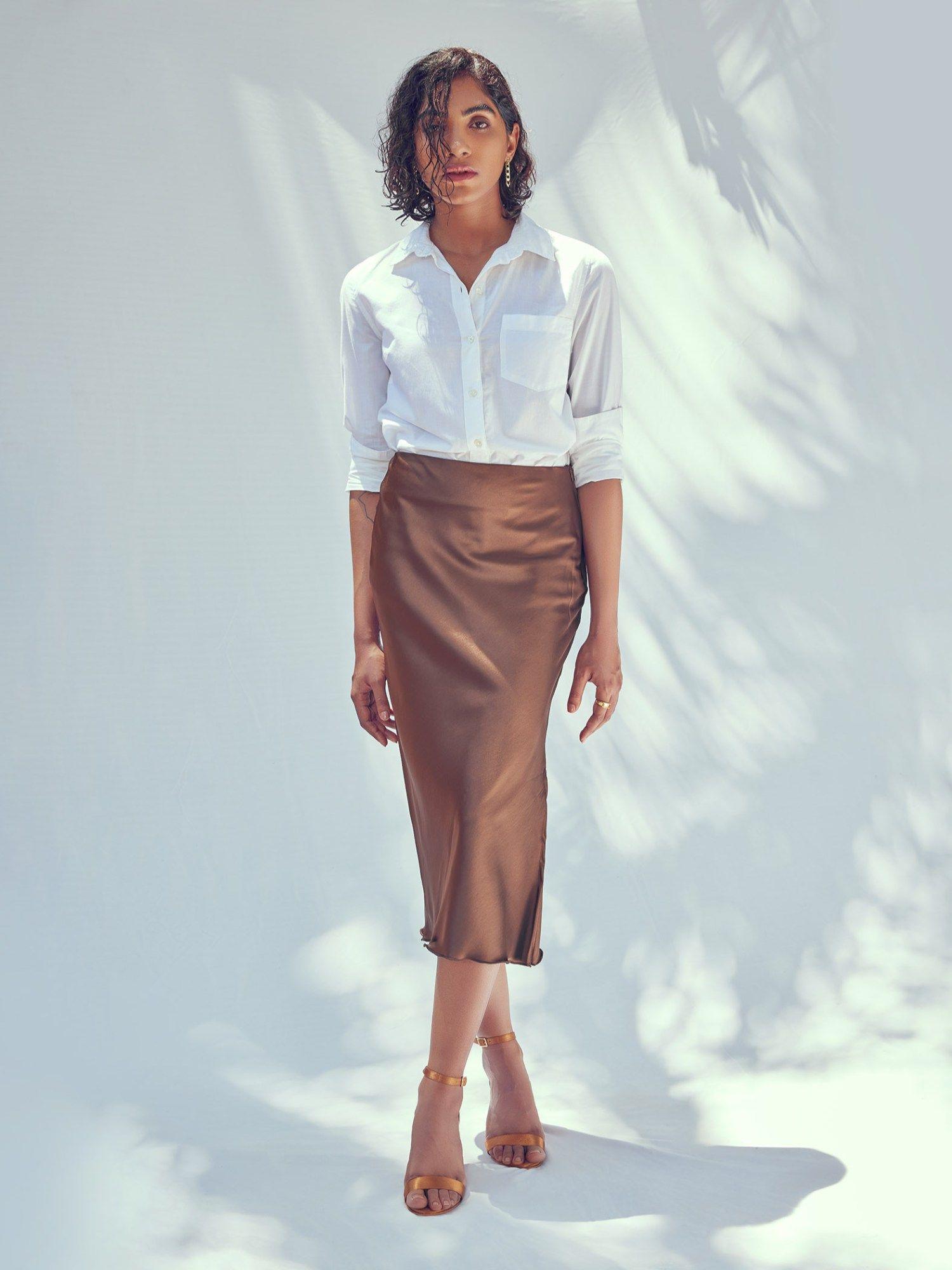 cocoa brown satin midi skirt