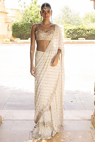 coconut & rosegold georgette hand embroidered saree set