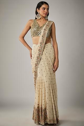 coconut color georgette tiered hand embroidered saree set