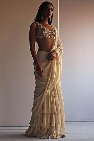 coconut georgette ruffled saree set