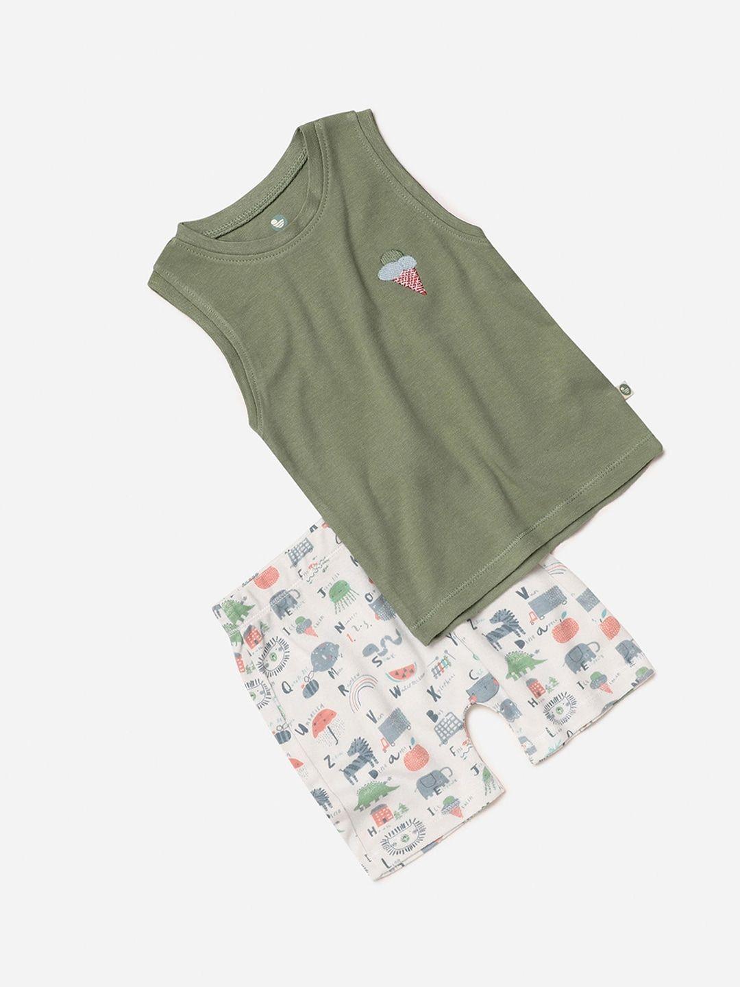 cocoon care kids green & off-white bamboo sustainable t-shirt with shorts