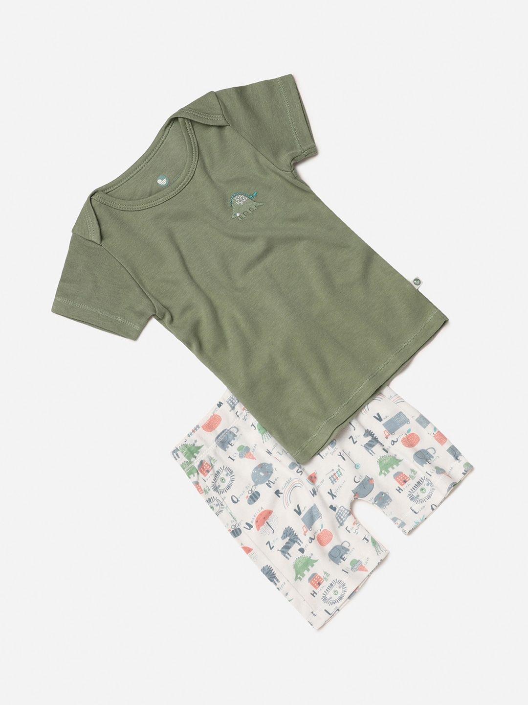 cocoon care kids olive green & white printed bamboo t-shirt with shorts