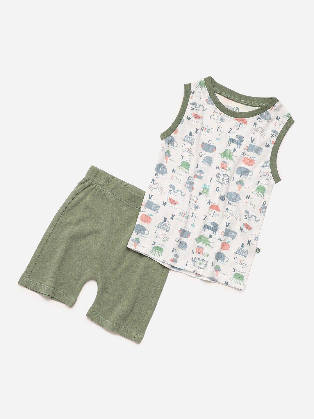 cocoon care kids white & olive green printed bamboo t-shirt with shorts